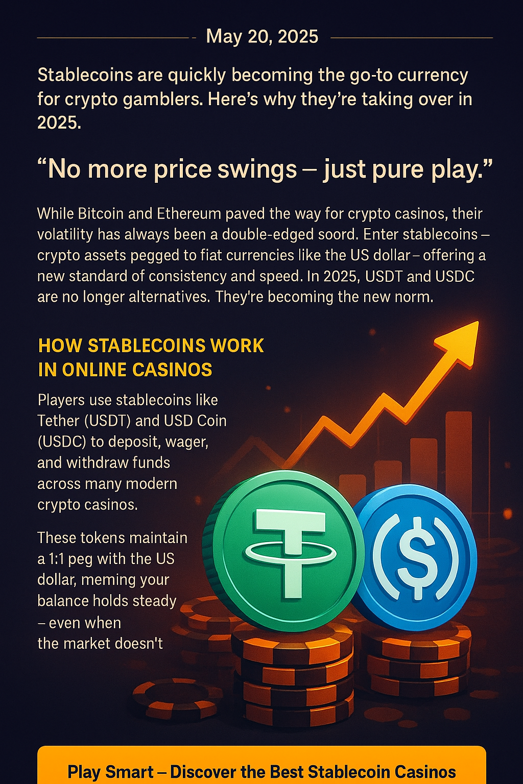 Collage of USDT, USDC coins with upward chart and casino chips