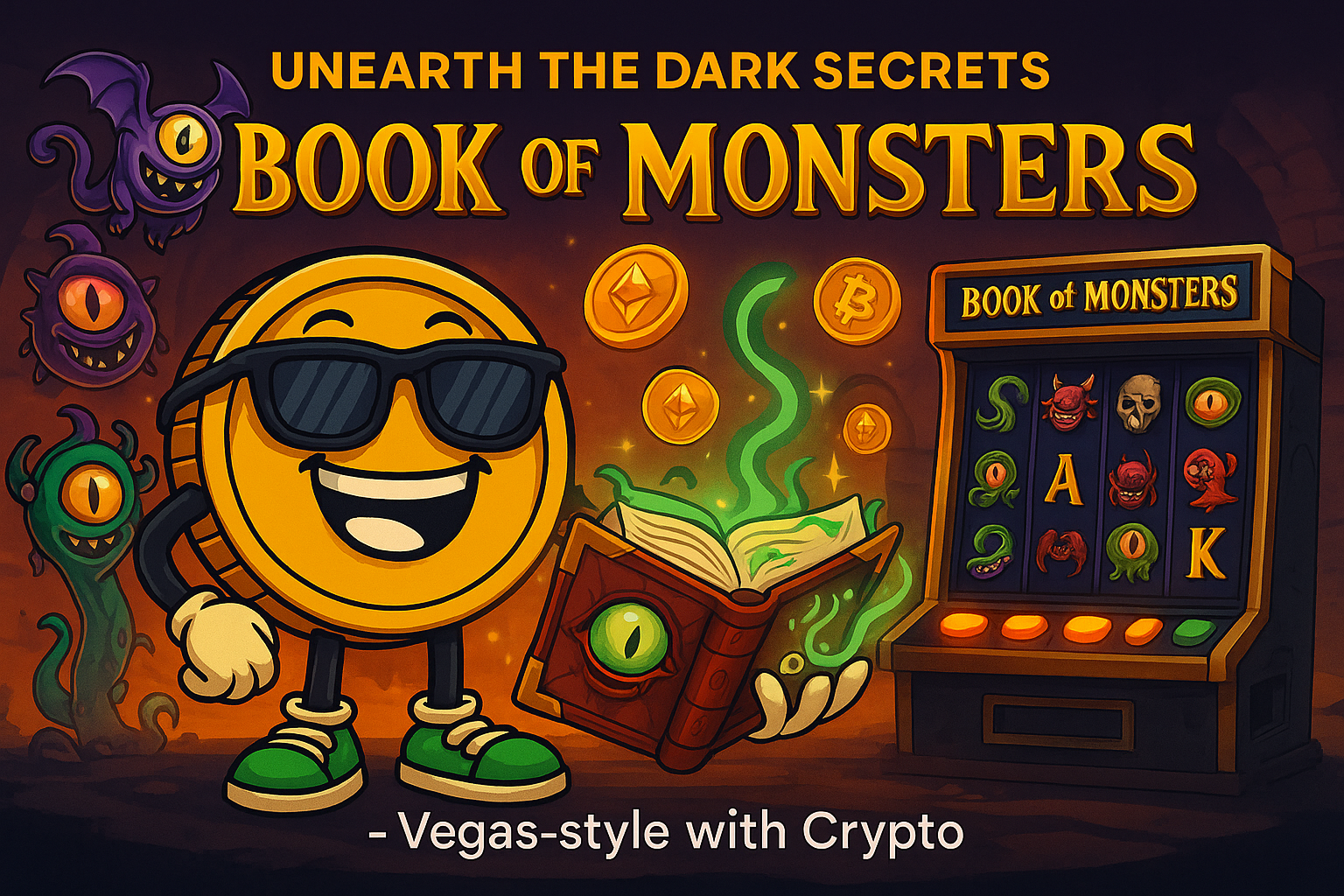 Book of Monsters Slot Banner with Crypto Mascot